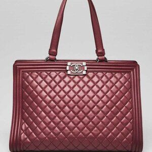 Chanel Metallic Burgundy Quilted Leather Large Boy Tote Bag